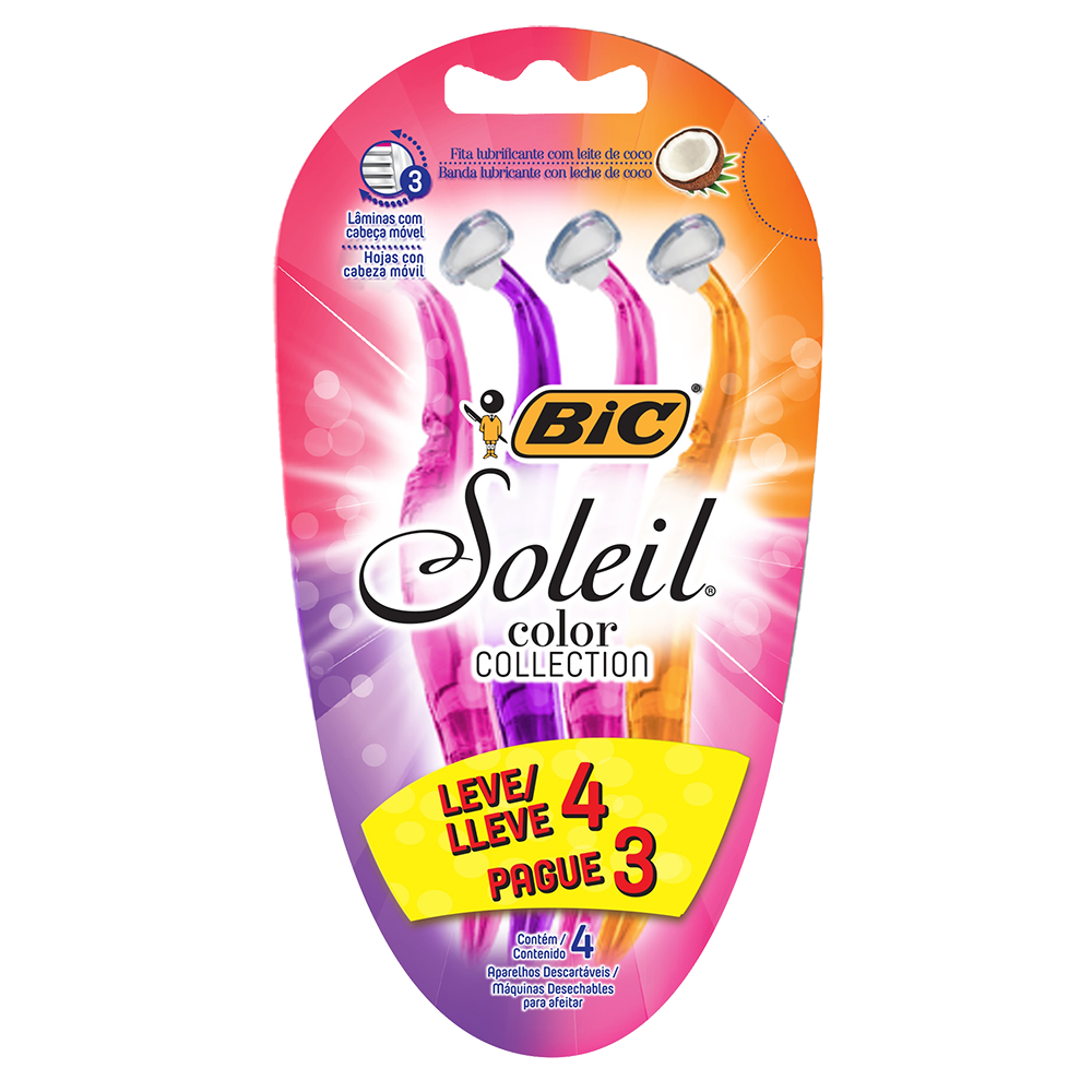 Depilador, Soleil, BIC, Rosa/Roxo/Laranja, 4 Unidades