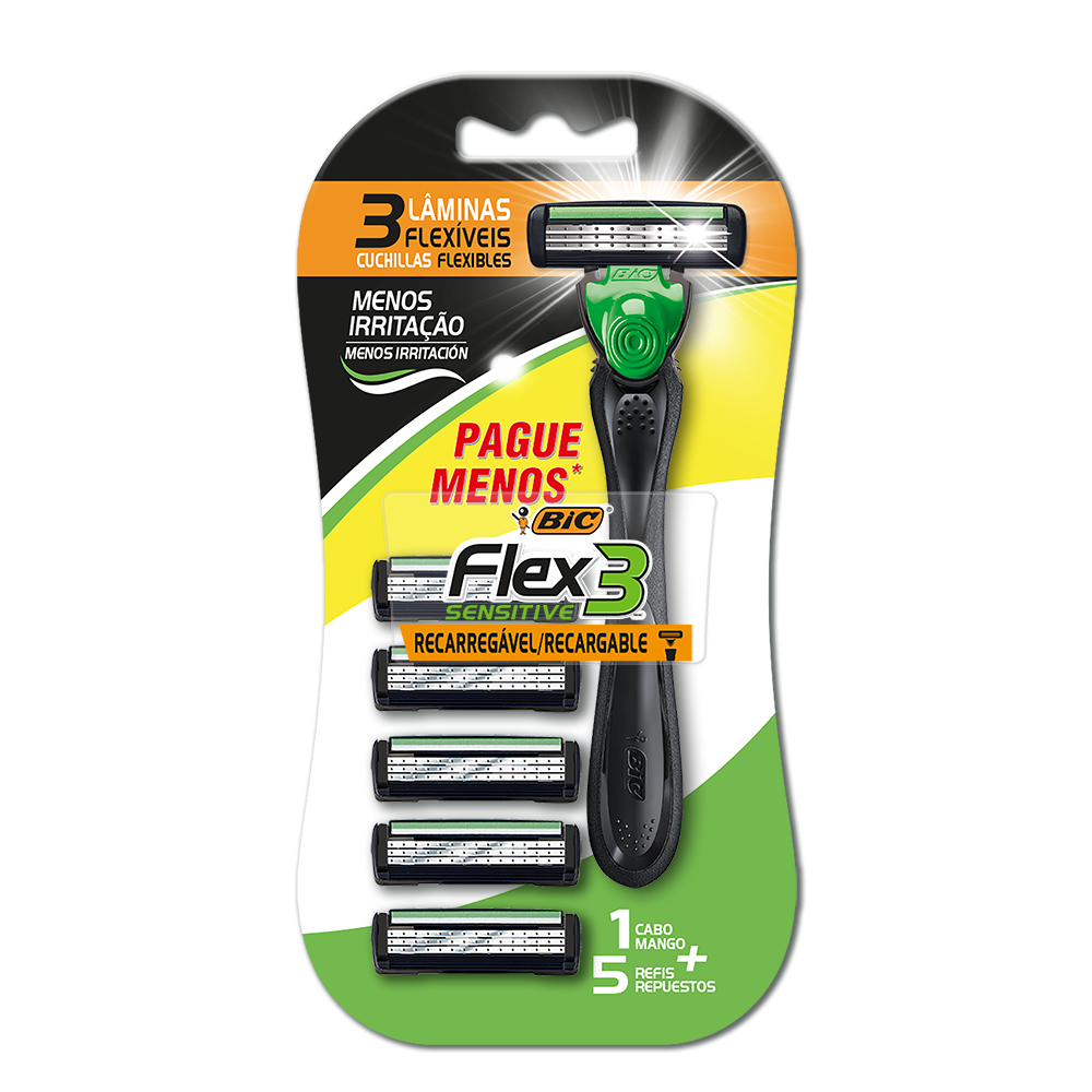Barbeador, Flex 3 Recarregável Sensitive, BIC, 5 Cartuchos