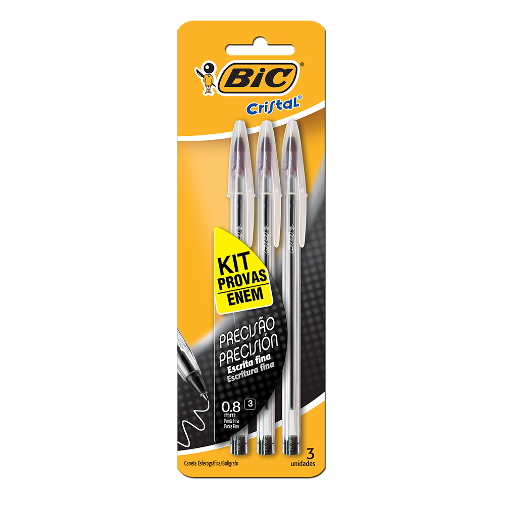 Kit Enem Caneta Ponta Fina, Cristal Fina, Preta, BIC, 3 UN.
