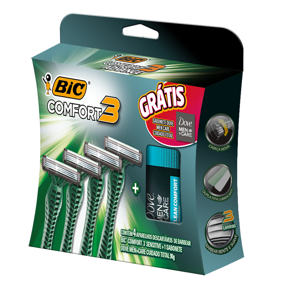 Barbeador, Comfort 3 Sensitive, BIC, 4 UN. + 1 Sabonete Dove