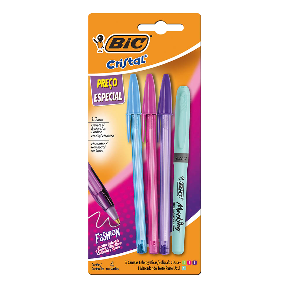 Kit Caneta Média Cristal Fashion + Marca Texto, BIC, 4 UN