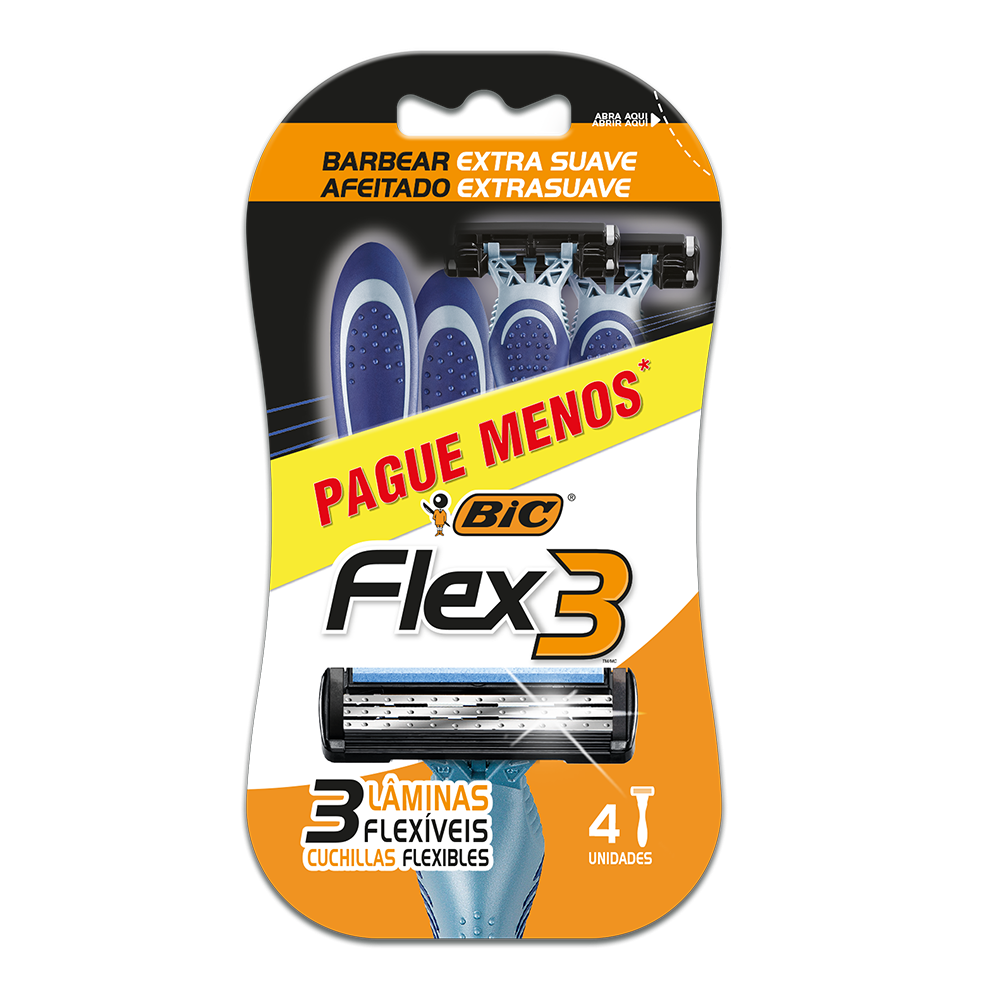 Barbeador, Flex 3, BIC, Azul, 4 Unidades, Leve 4 Pague 3