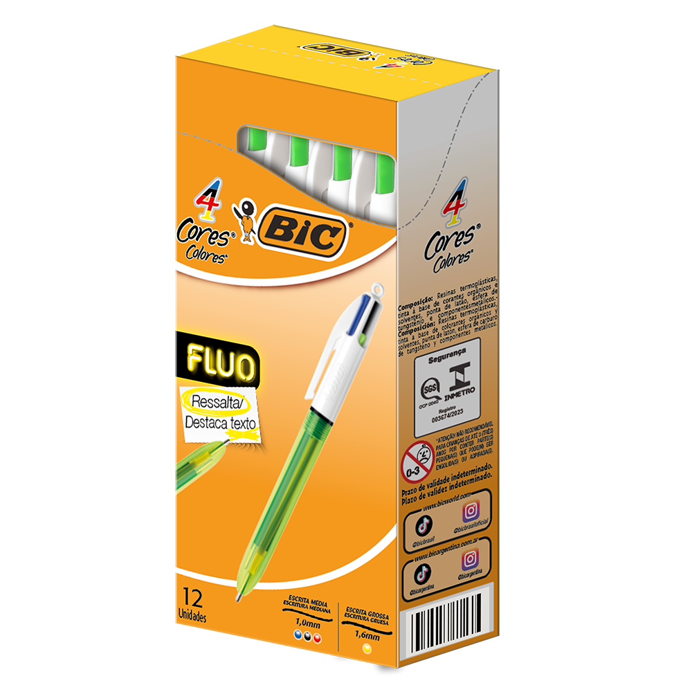 Caneta Média Retrátil 4 Cores Fluo, BIC 12 UN.