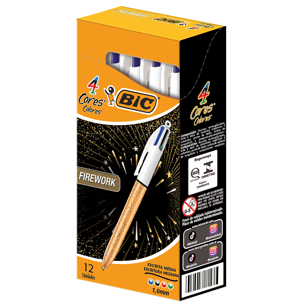 Caneta Ponta Média Retrátil, 4 Cores Firework, BIC, 12 UN.