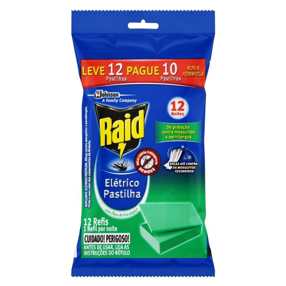 Repelente Elétrico Pastilha Raid Eucalipto Refil Leve 12 Pague 10