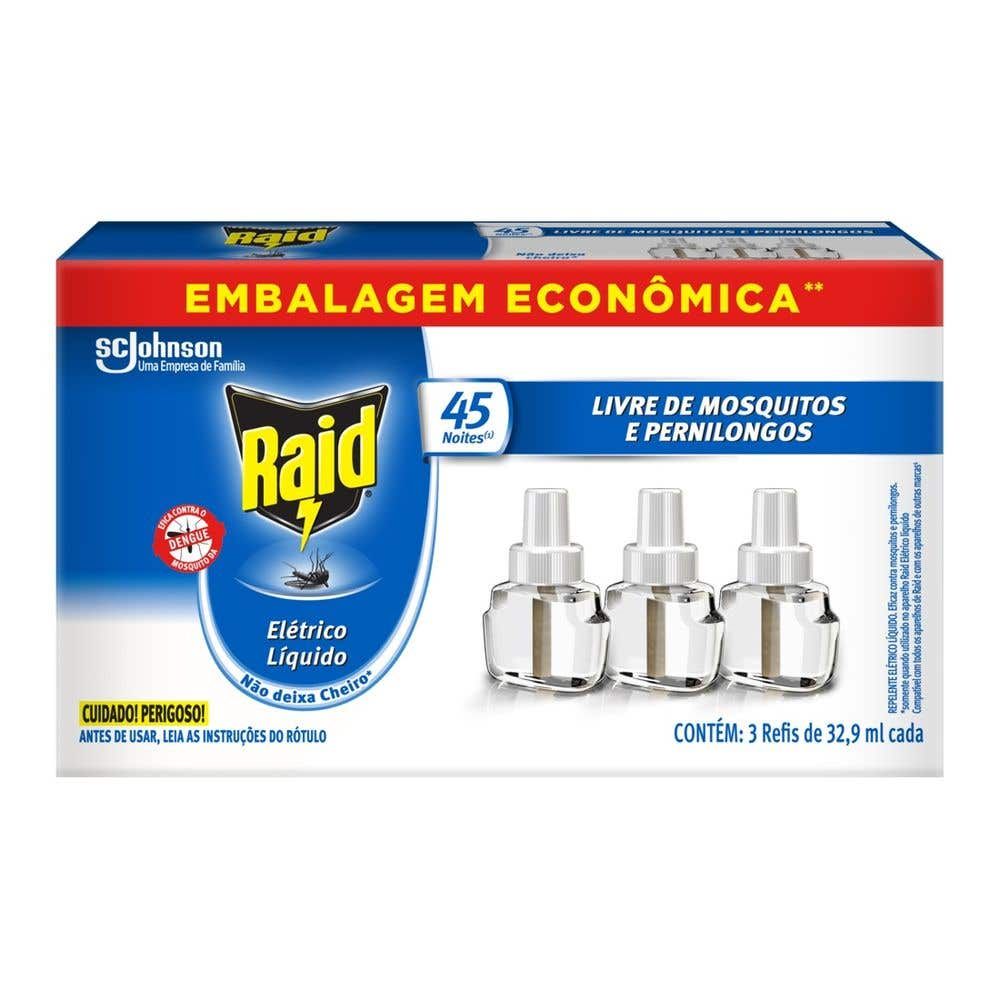 Repelente Elétrico Líquido Raid 45 Noites Refil 3UN de 32,9ml