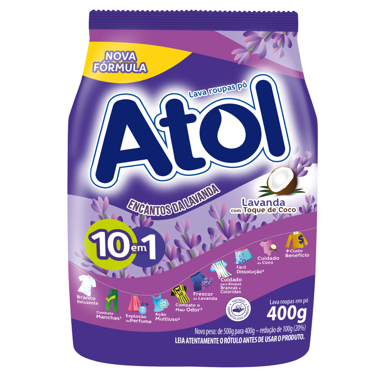 Lava-Roupas Pó Roupas Brancas e Coloridas Encantos da Lavanda Atol Pacote 500g