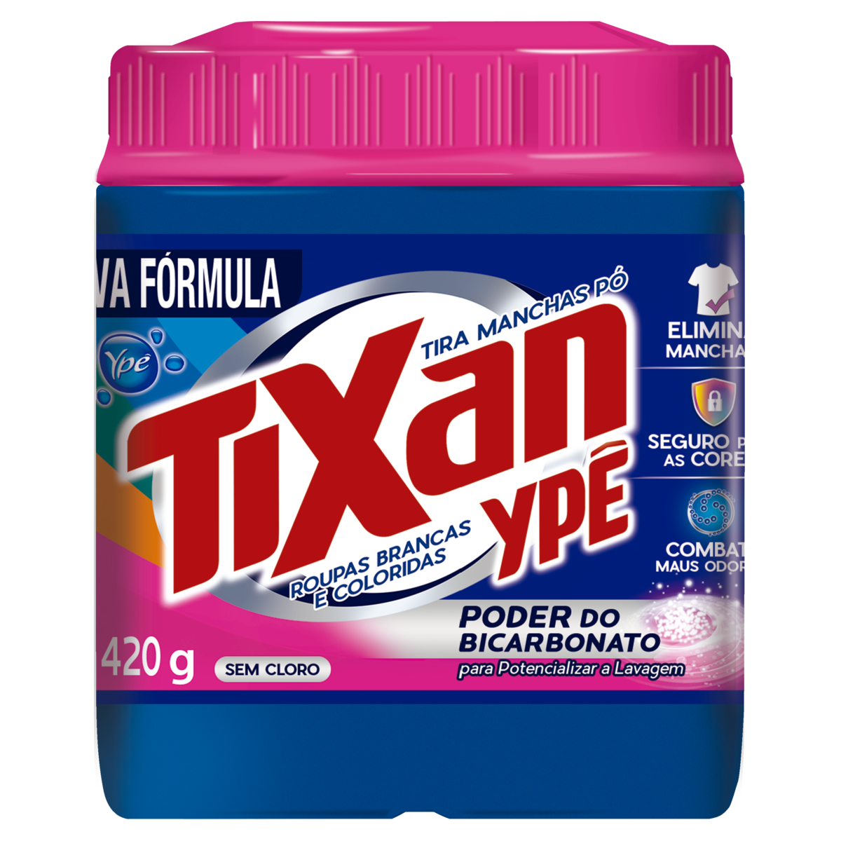 Tira Manchas em Pó Tixan Ypê Roupas Brancas e Coloridas  420g - Rende até 28 pré-lavagens - Uso direto na máquina