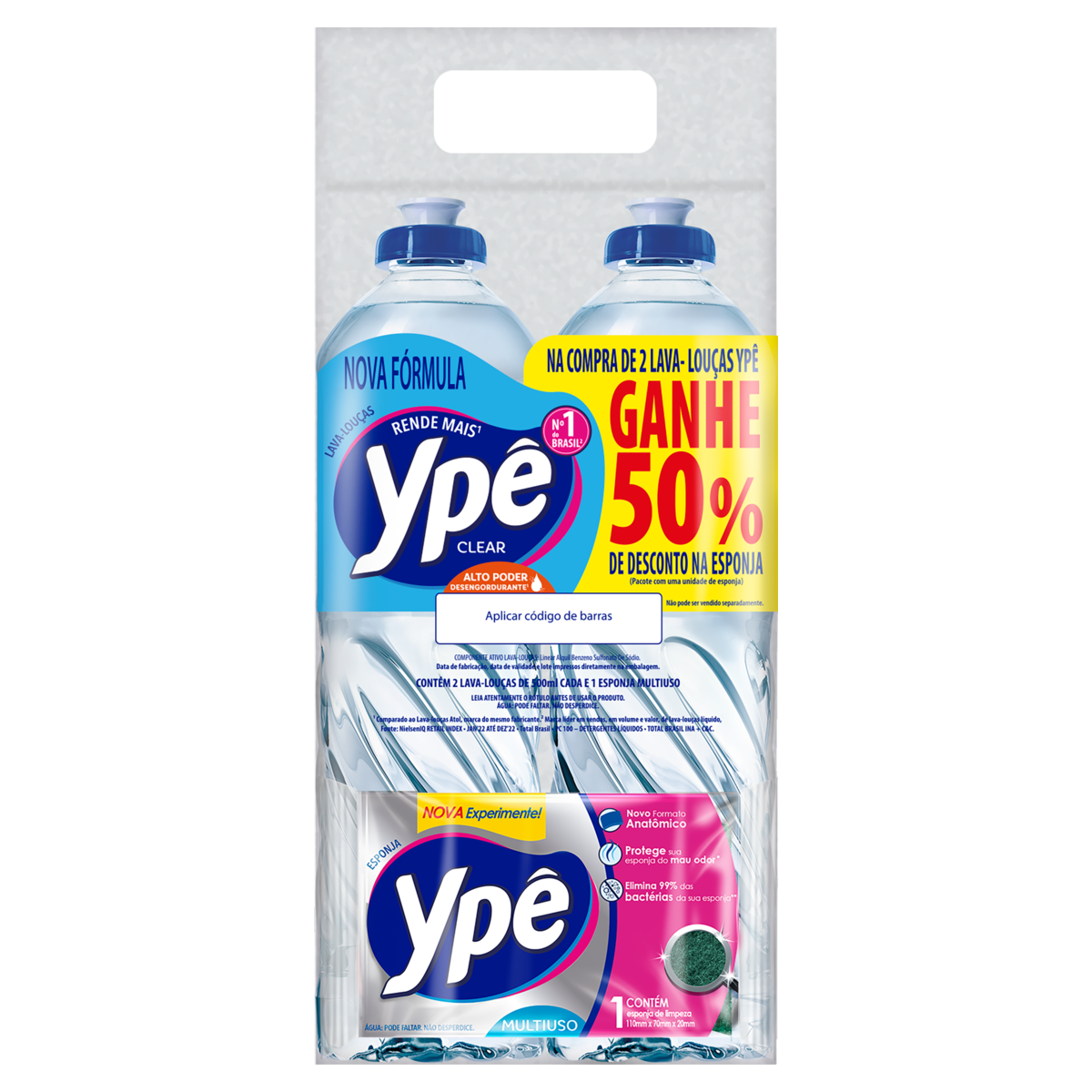 Kit 2 Lava-Louças Líquidos Clear Ypê 500ml Cada + Esponja Grátis 50% de Desconto na Esponja