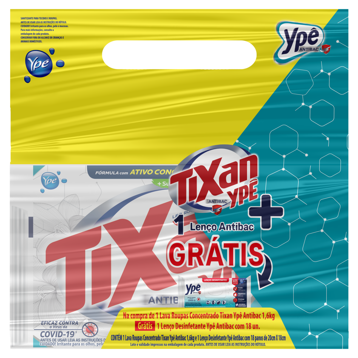 Kit Lava-Roupas Pó Concentrado Tixan Ypê Antibac 1,6kg Grátis Lenço Desinfetante 18 Unidades