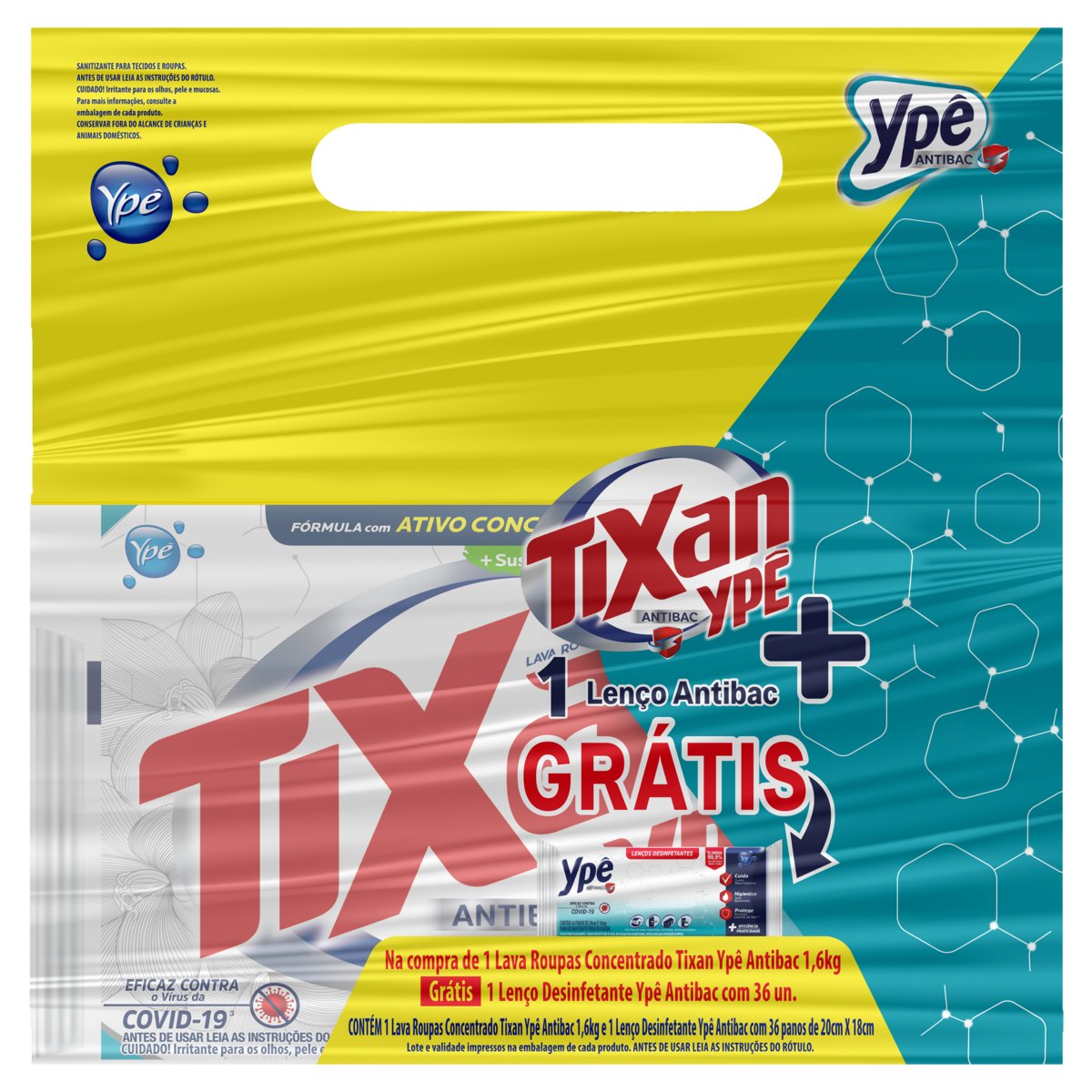 Kit Lava-Roupas Pó Concentrado Tixan Ypê Antibac 1,6kg Grátis Lenço Desinfetante 36 Unidades