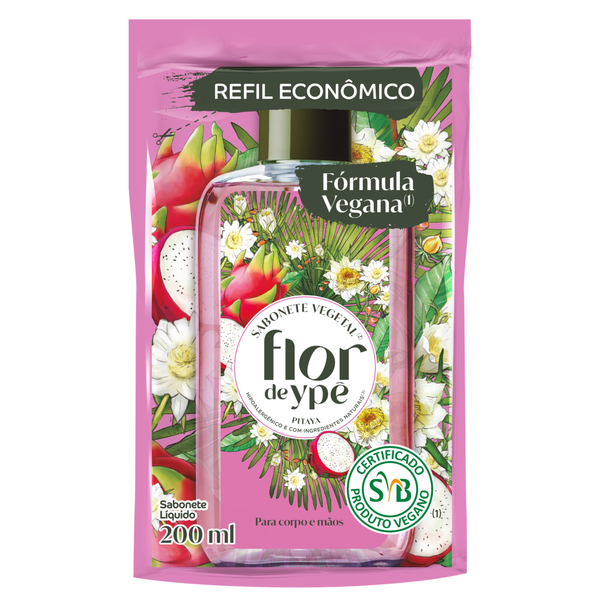 Sabonete Líquido Vegetal Mãos e Corpo Pitaya Flor de Ypê Sachê 200ml Refil Econômico