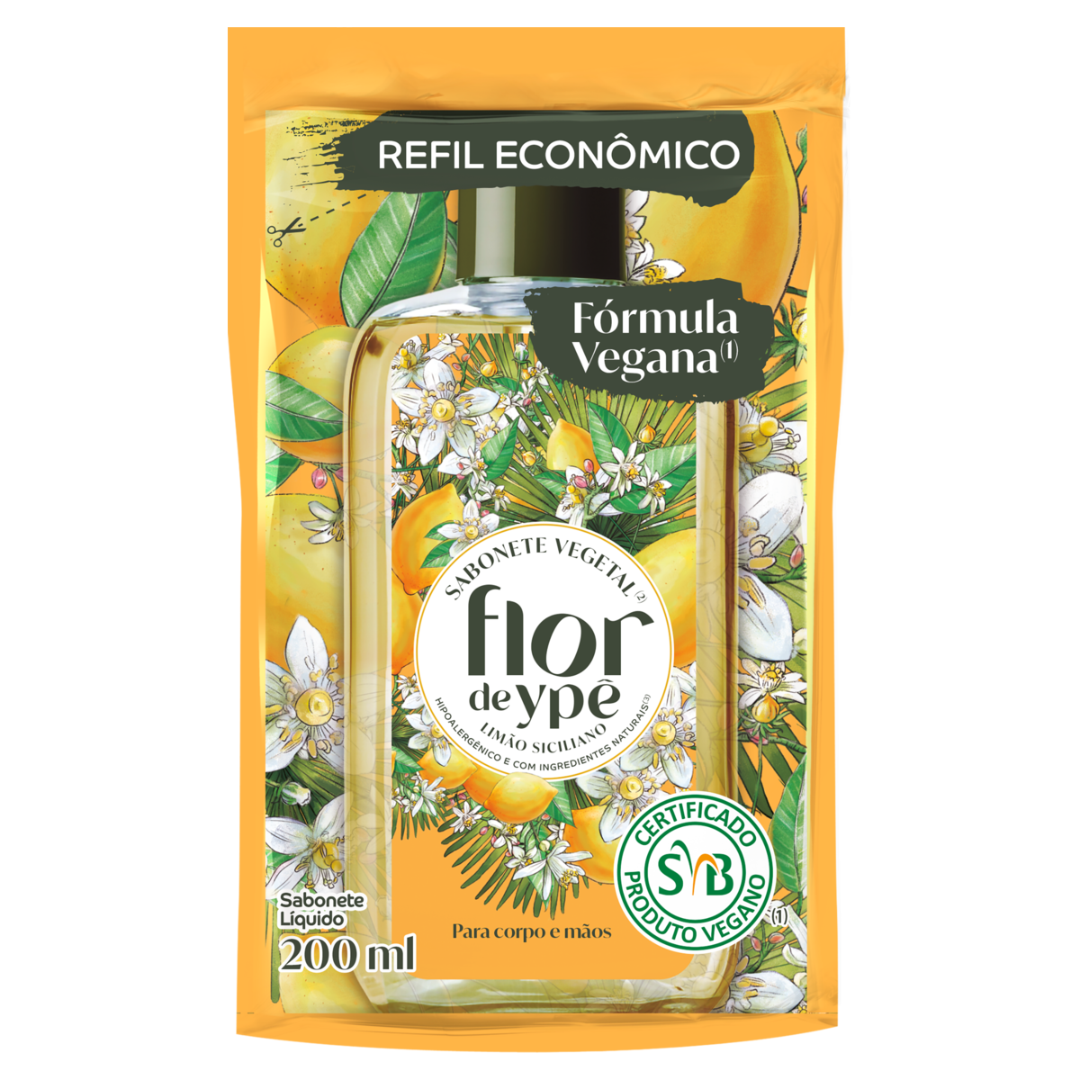 Sabonete Líquido Vegetal Mãos e Corpo Limão-Siciliano Flor de Ypê Sachê 200ml Refil Econômico