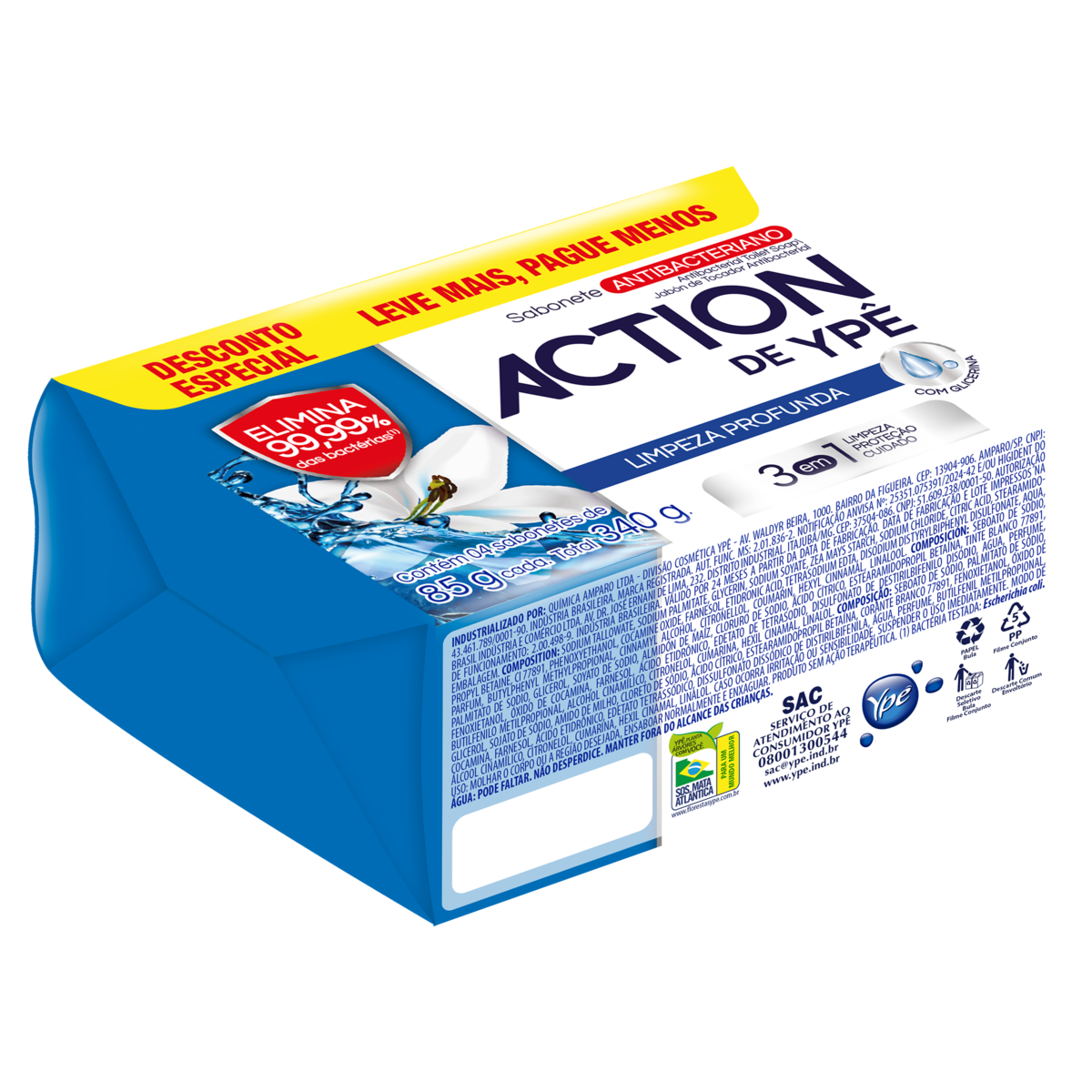 Pack Sabonete Barra Antibacteriano Action de Ypê Limpeza Profunda Envoltório 340g 4 Unidades Leve Mais Pague Menos