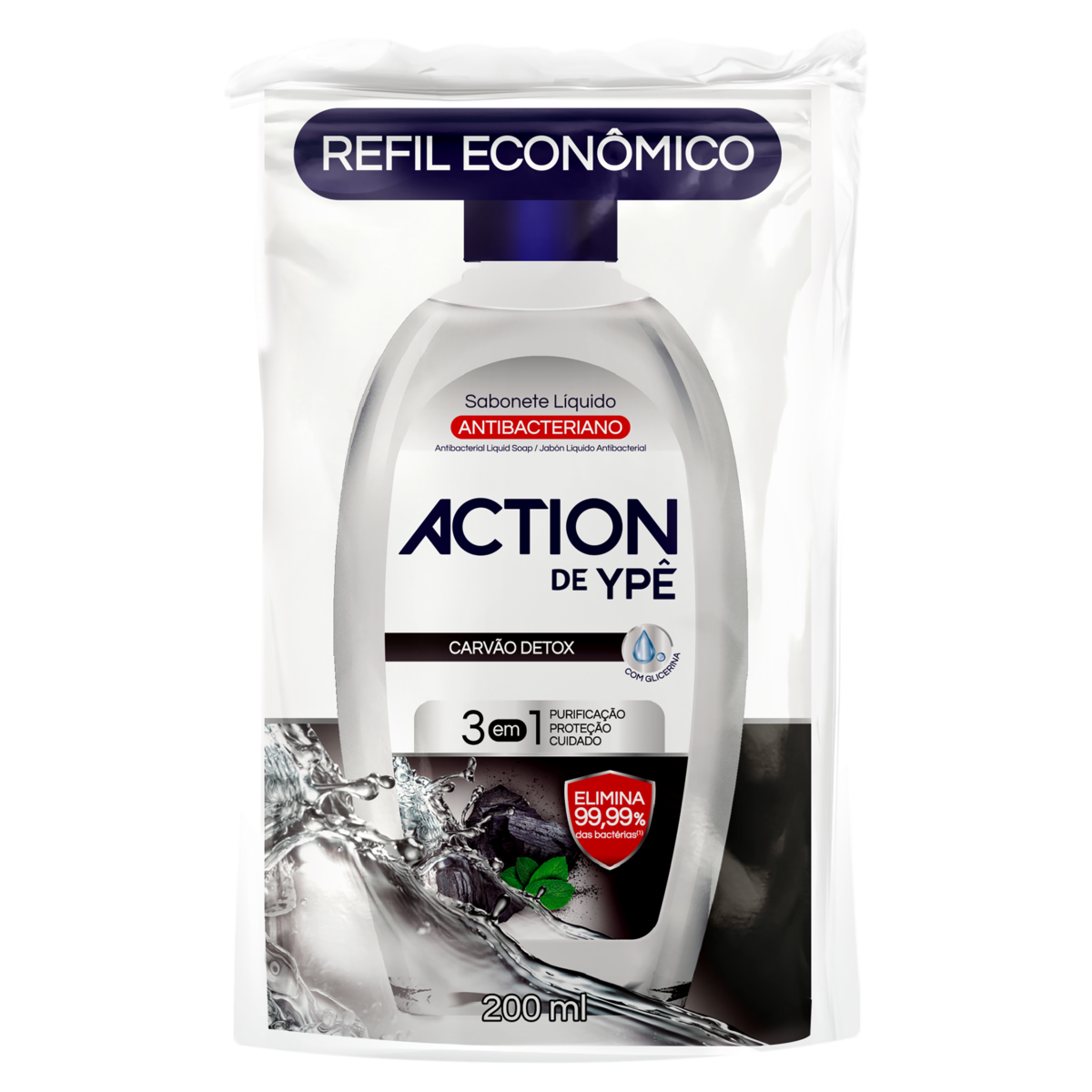 Sabonete Líquido Antibacteriano Action de Ypê Carvão Detox Pouch 200ml Refil Econômico