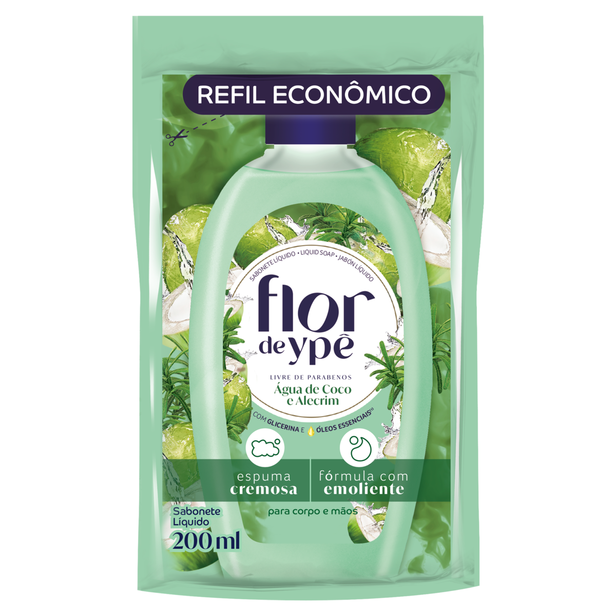 Sabonete Líquido Água de Coco e Alecrim Flor de Ypê Sachê 200ml Refil Econômico