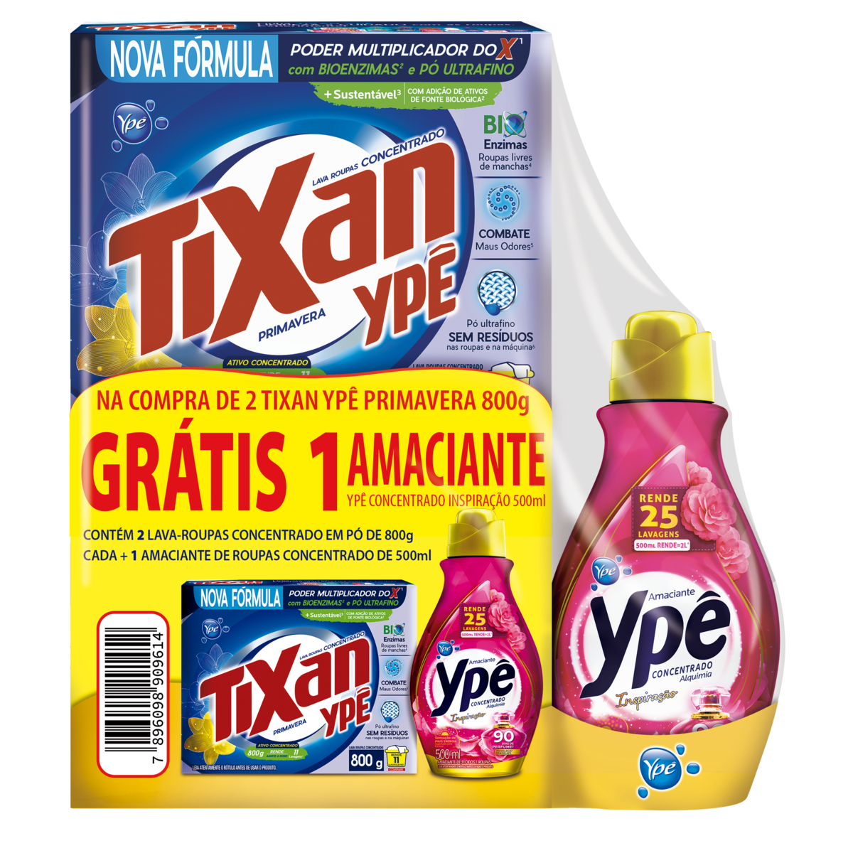 Kit 2 Lava-Roupas Pó Concentrado Primavera Tixan Ypê 800g Cada Grátis Amaciante de Roupa Concentrado Inspiração Ypê Alquimia 500ml