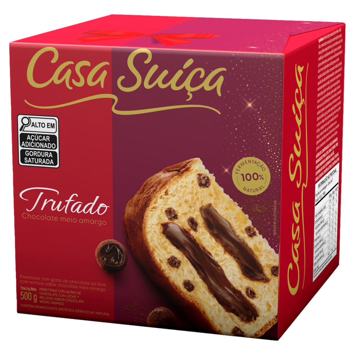 Panettone Com Gotas De Chocolate Ao Leite Recheio Trufado Chocolate Meio Amargo Casa Suíça Caixa 500G