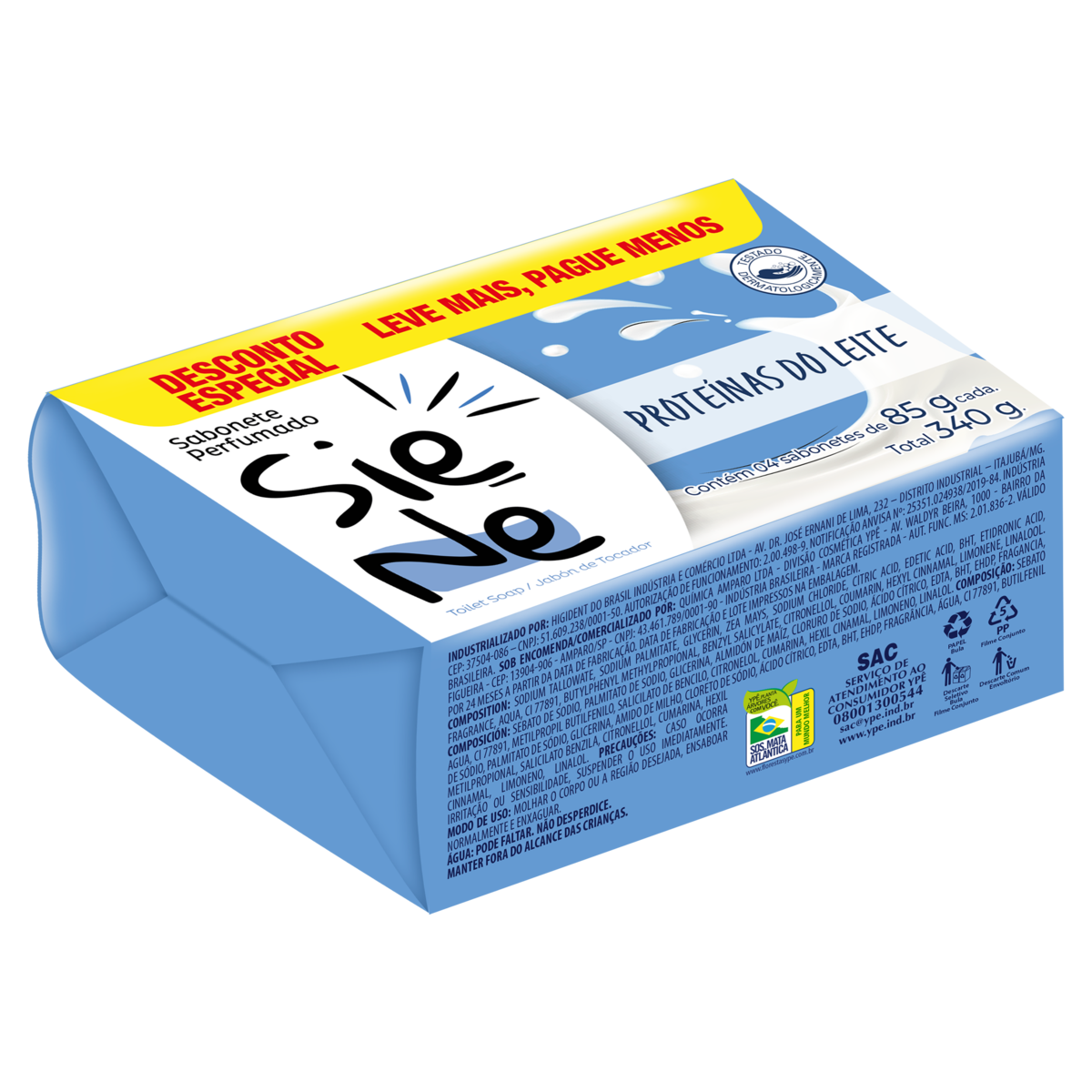 Pack Sabonete Barra Proteínas do Leite Siene Envoltório 340g 4 Unidades Leve Mais Pague Menos