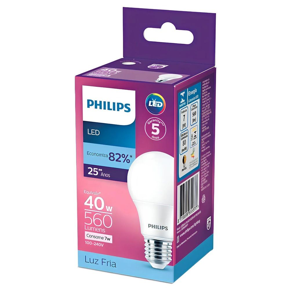 Lampada Led Philips 7W Bivolt Luz Branca Fria 6500K Base E27