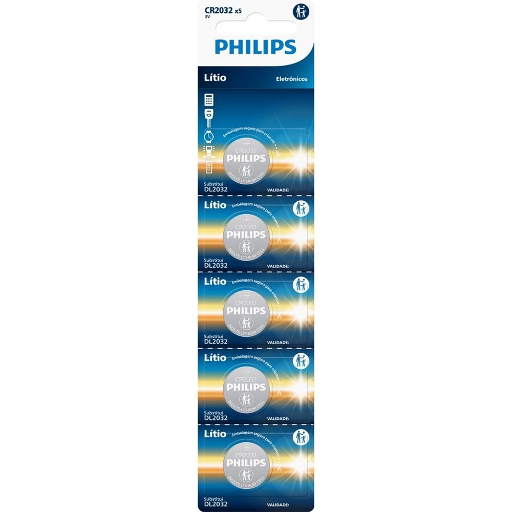 Bateria Philips Do Tipo Moeda Cr2032 3V Lítio Com Pack 5 Unidades Cr2032P5B/59
