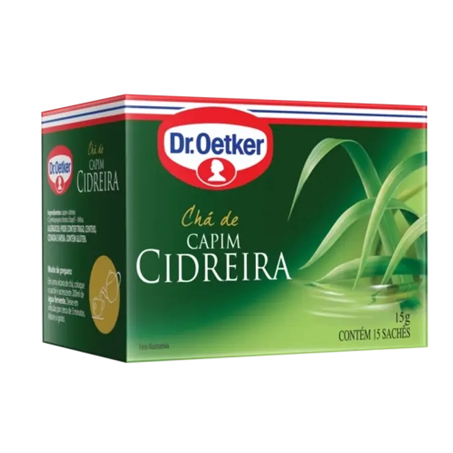 Dr. oetker, chá de ervas, capim-cidreira, bebida quente de simples preparo, 15 sachês