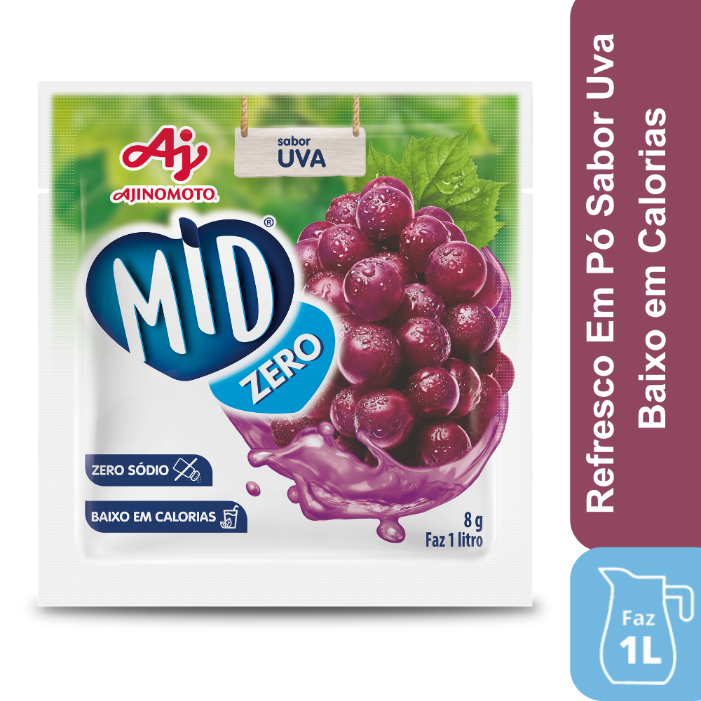 Refresco Em Pó Mid® Zero Açúcar Sabor Uva 8G
